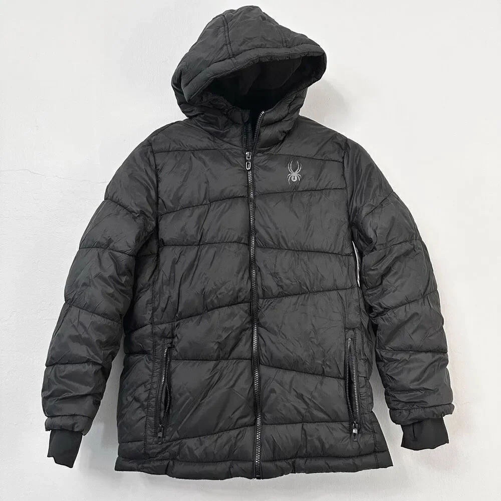 NWT Spyder Girls or Boys Full Zip Hooded Insulated Puffer Jacket Black Size Larg